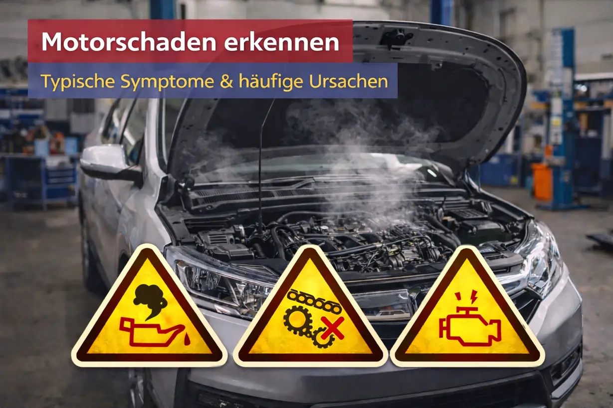 Rauchender Motorraum eines Autos in der Werkstatt als Hinweis auf Motorschaden, mit typischen Warnsymbolen für Ölverlust, Steuertrieb und Motorkontrollleuchte.